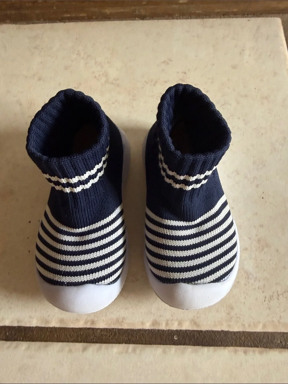 Kids Navy and White Stripe Slip-On Knit Shoes